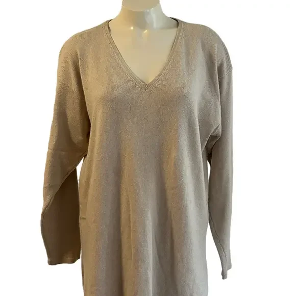J. CREW VTG silk / cashmere v neck beige sweater sz LARGE. made in Hong Kong - Picture 2 of 9